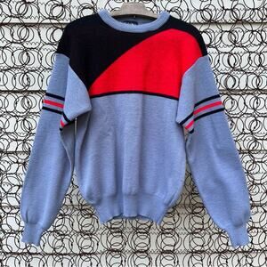 Vintage 89s gray black red color block knit crewneck sweater MEDIUM